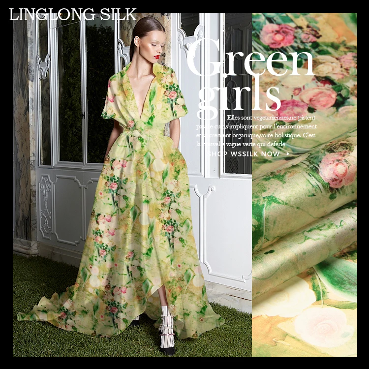 

PRINT SILK ORGANZA SATIN FABRIC 14m/m Width 53"-135cm100%Natural Silk Fabrics Fashion Fabric Floral Pattern Dress Silk Material