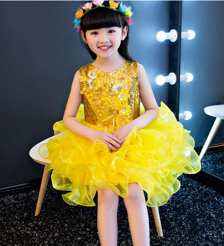 

New Purple Red Flower Girl Pageant Dresses Mini Cupcakes Princess Ruffles Kid Prom Evening Gowns Tutu Sequin Girls Yellow Dress