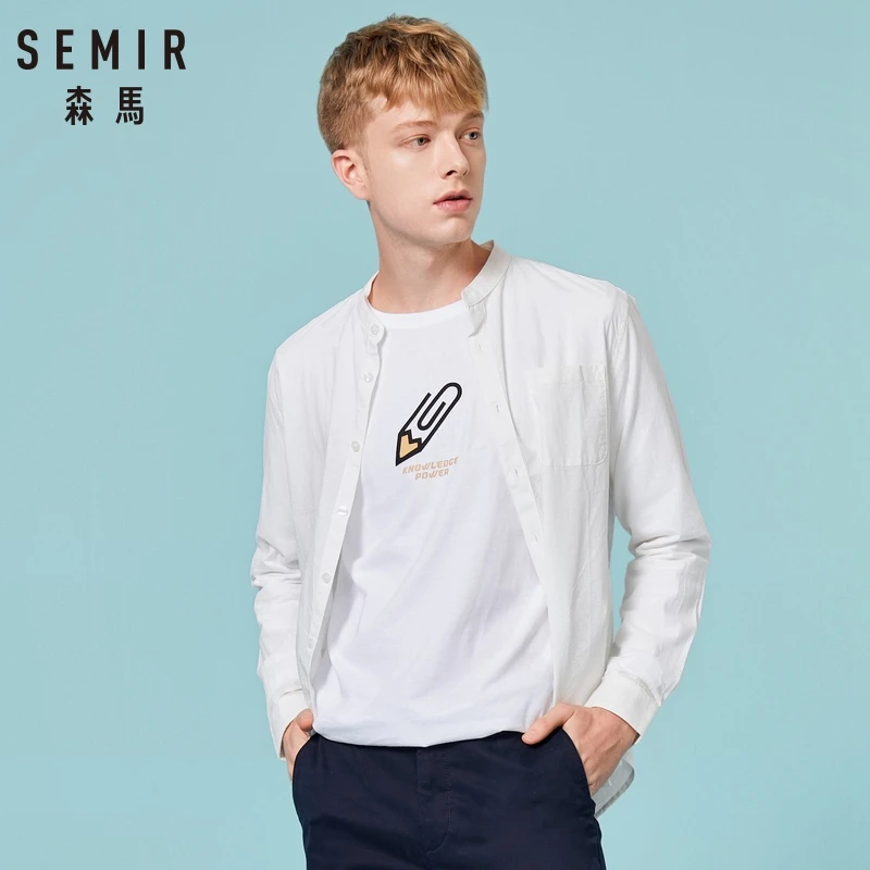 SEMIR Для мужчин s Band-рубашка с воротником Для Мужчин's рубашка Regular Fit Длинные рукава Повседневная рубашка из 100% хлопка без воротника рубашка