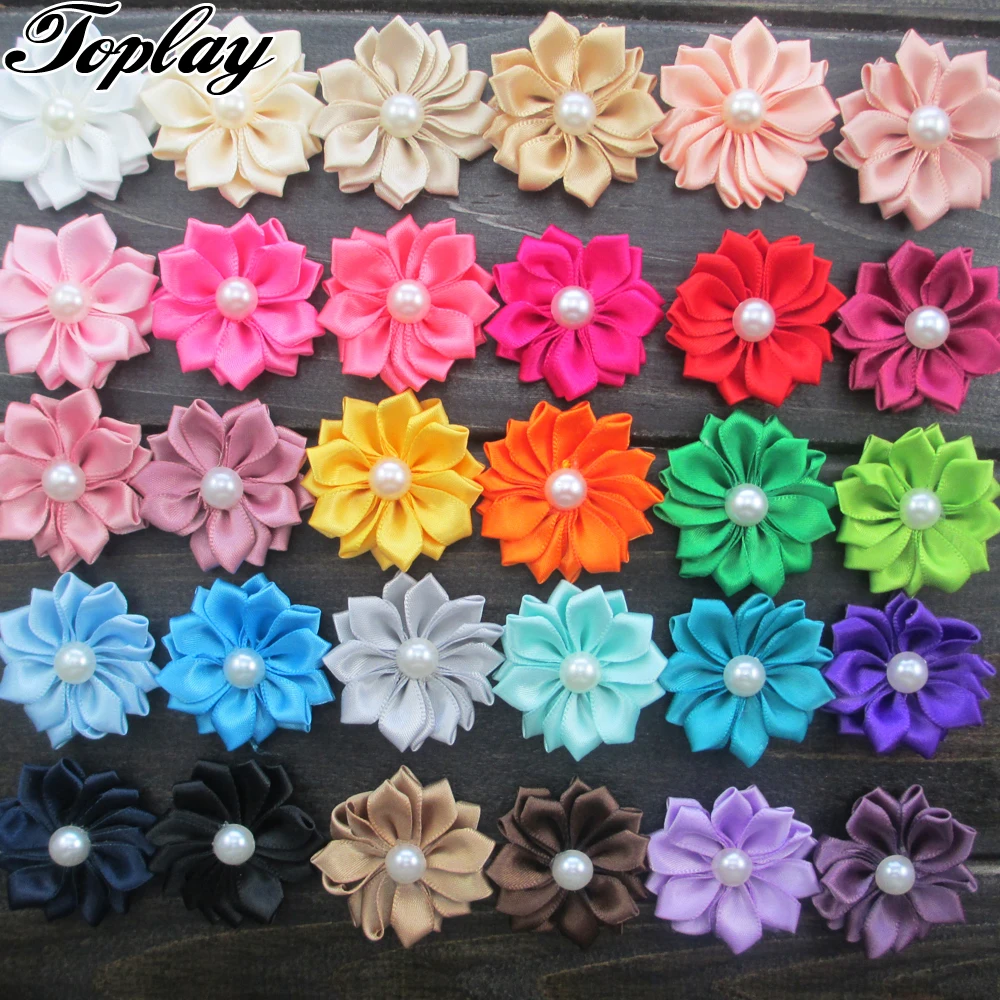 Toplay 400pcs/lot 1.5" Handmade Satin Ribbon Flower Sew With Pearl