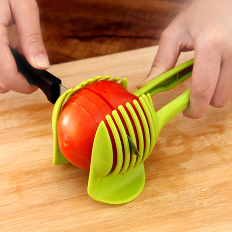

Handheld Tomato Slicer Cutter Stand Plastic Slicing Tool Lemon Shreadders Cutter Rack Cutting Guide Kitchen Tongs