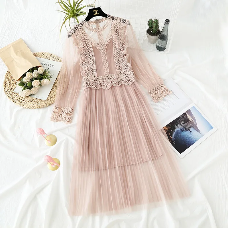 Young Gee/вечерние платья в сеточку; коллекция года; сезон весна-лето; кружевное платье миди с длинными рукавами и цветочным узором; шикарные модные плиссированные платья; vestidos - Цвет: Розовый