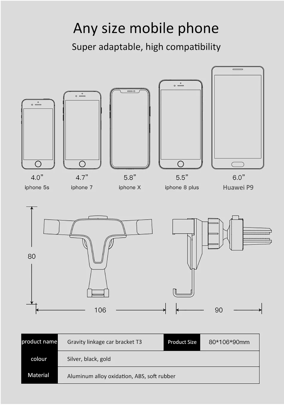 Aluminum Gravity Car Phone Holder Stand Air Vent 360 Degree Rotation For Huawei P20 iphone X 8 GPS Mobile Phone Support Bracket (16)