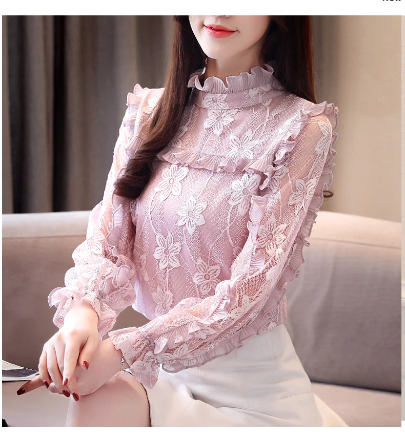 2019 Spring Long Sleeve Ruffled Collar Hollow Out Lace Blouses Lady Sweet Pink Lace Tops Lady 