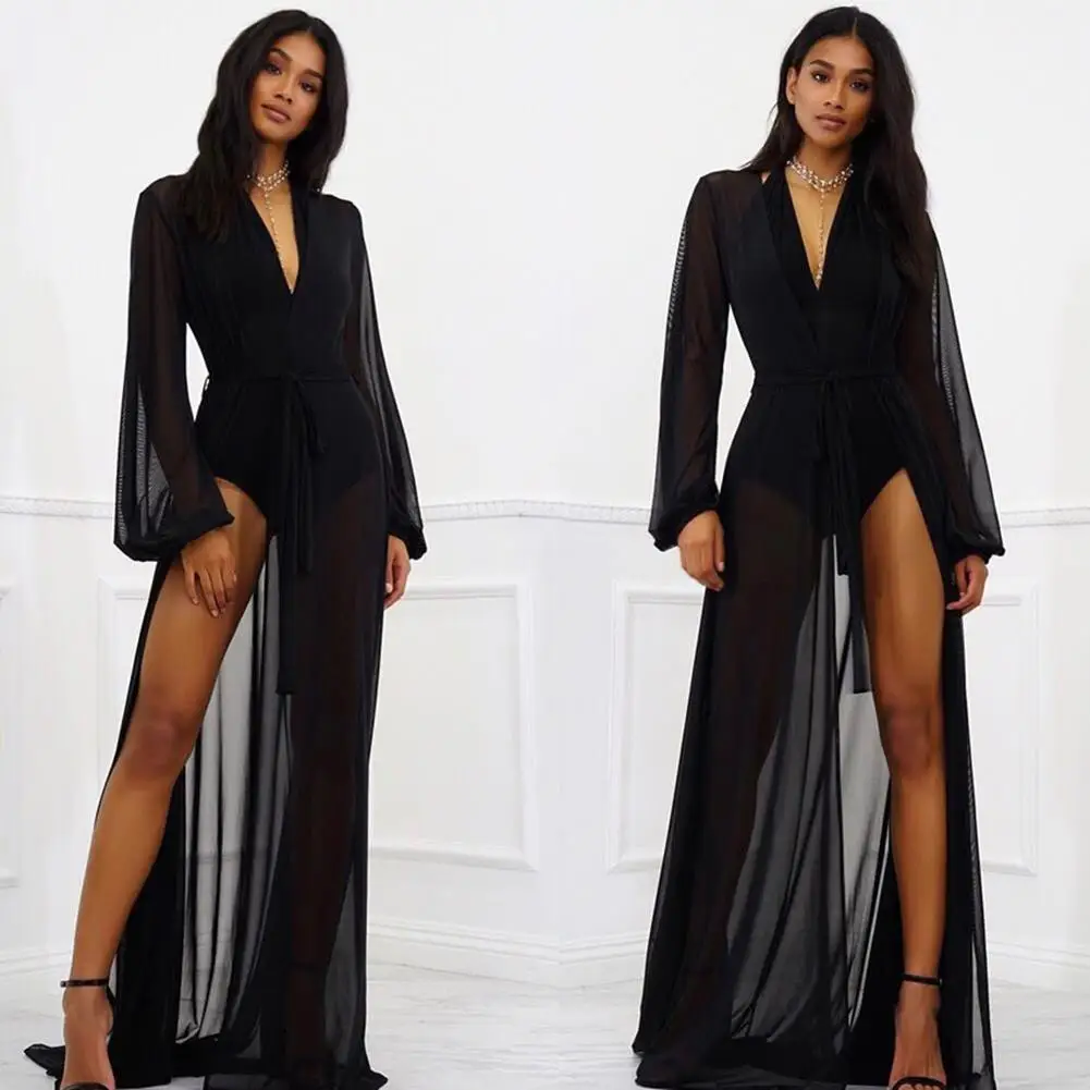 

1 Piece of Women Sexy Solid Color Mesh Blouse Long Cardigan for Beach Maxi-Dress Sunscreen Blouses Outwear Ladies Beach Suit