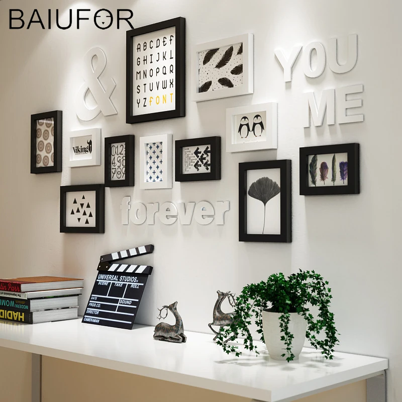 

BAIUFOR Modern Black White Photo Frame Wooden Picture Frame Sets with Shelf Moldura Wall Paintings Living Room Home Decor