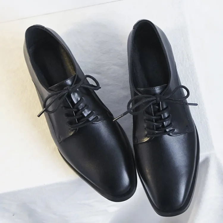 Zorssar/ г.; весенние женские туфли-оксфорды; балетки на плоской подошве; женская обувь из натуральной кожи; мокасины; лоферы на шнуровке; обувь черного цвета - Цвет: Black cowhide