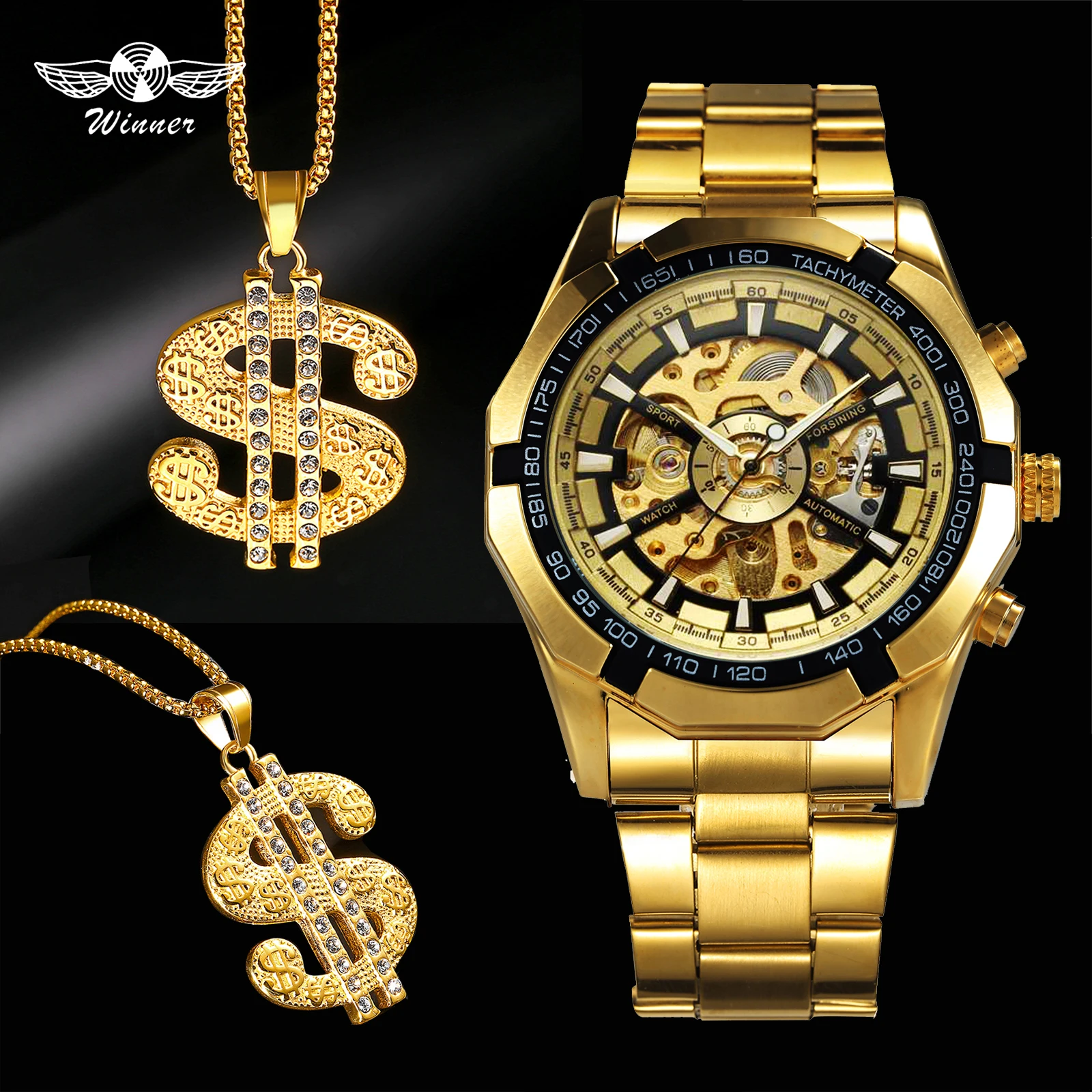 WINNER Official Hot Jewelry Set Golden Skull Watch Men Auto Mechanical Hip Hop Wristwatch + Iced Out Crystal Dollar Necklace | Наручные