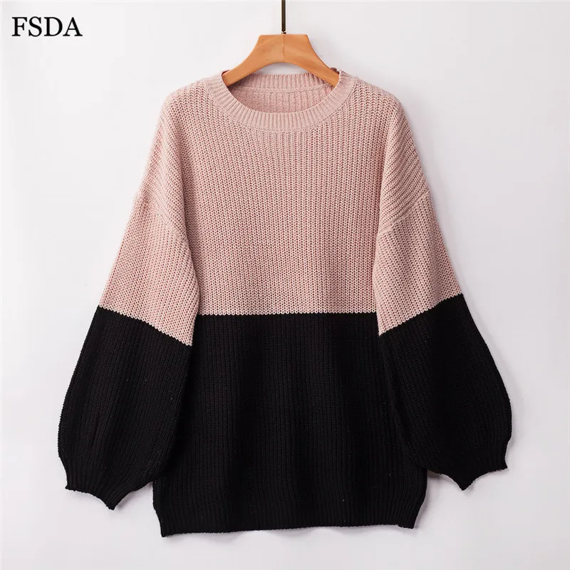 FSDA лоскутный женский свитер с круглым вырезом и длинными расклешенными рукавами, свободные вязаные негабаритные зимние корейские пуловеры на каждый день - Цвет: Розовый