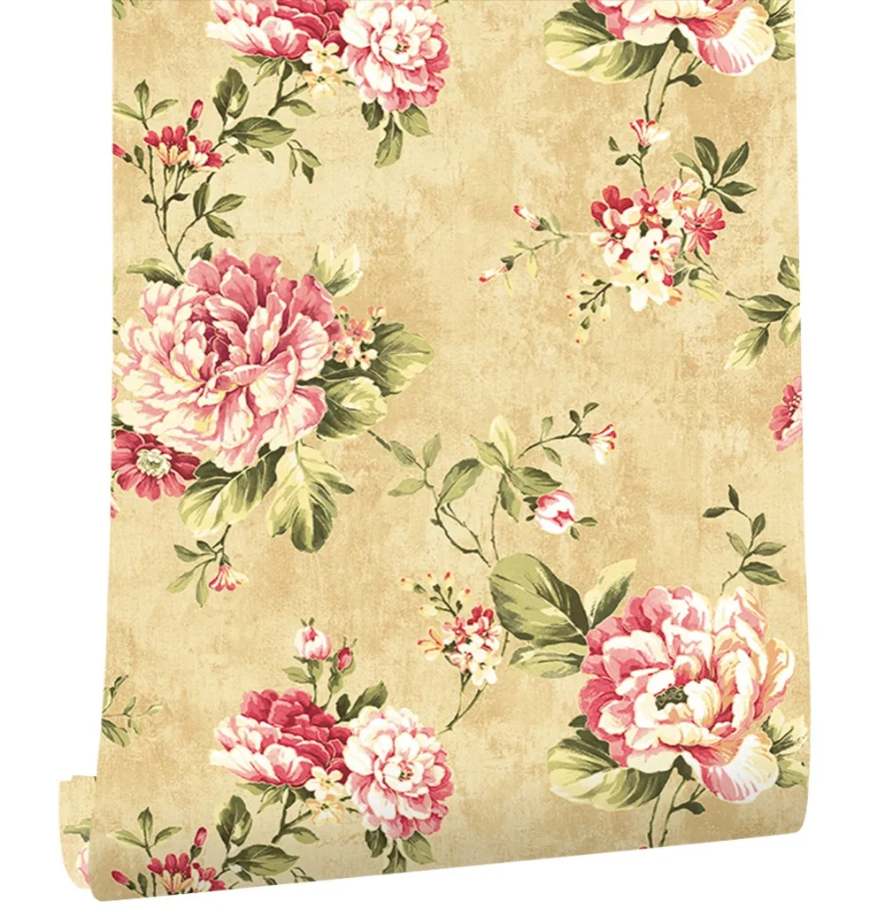 

HaokHome Vintage 3D Flower Damask Wallpaper Yellow/Green/Pink non woven wall covering Living room Bedroom home Decoration