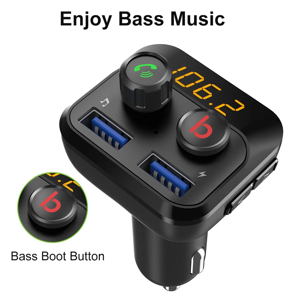 Konrisa fm-передатчик модулятор Bluetooth 5,0 автомобильный комплект громкой связи басовая Кнопка A2DP музыкальный плеер двойной USB Поддержка TF карта u-диск
