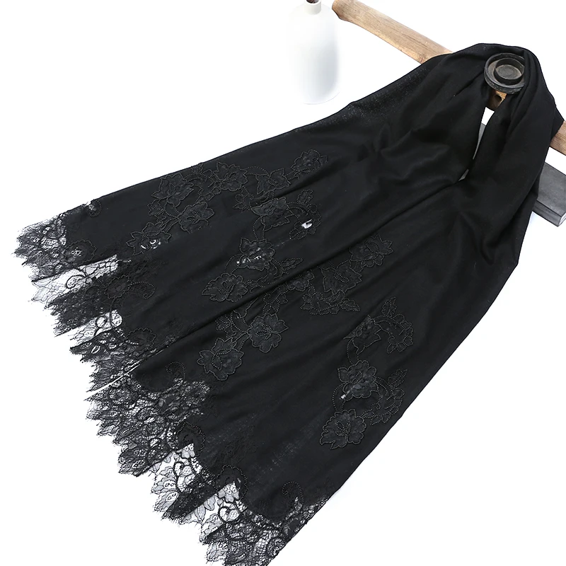 

high quality FASHIN black handmade embroidery beaded cashmere /wool silk France lace scarf Shawl size:70*200cm(dry cleaning)
