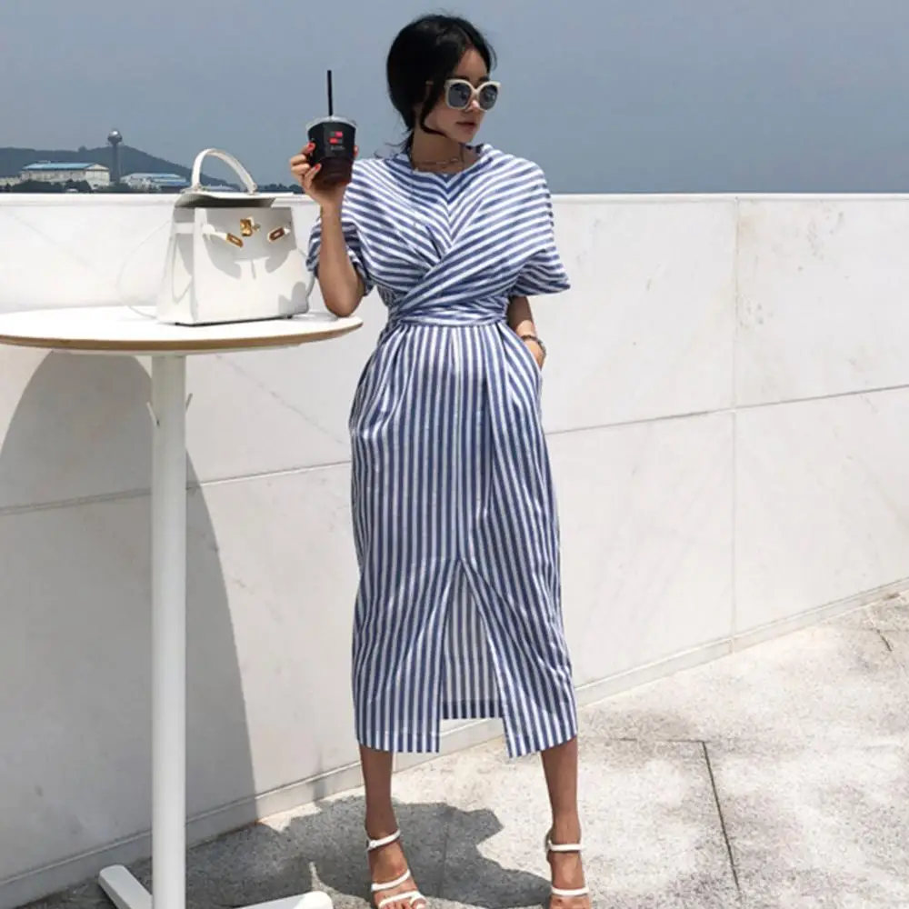 

Office Lady Striped Cross Tie Waist Dresses Casual Loose Short Sleeve Split Long Dress 2019 Summer Fashion Korean Style Vestidos