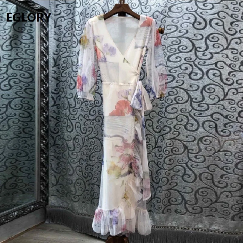 

European Style 2019 Summer Fashion Print Dress High Quality Women V-Neck Elegant Flower Patterns Bow Belt Long Maxi Dress Novia