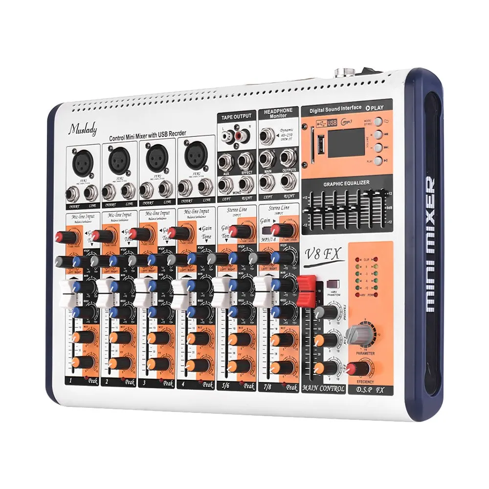 

Muslady V8-FX 8-Channel Portable Mixing Console Mixer Built-in 16 DSP Effects +48V Phantom Power Supports BT Connection