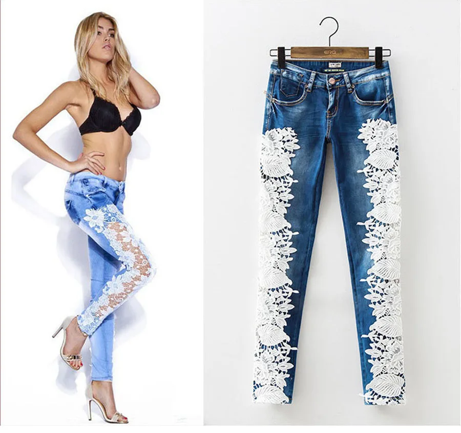 Sokotoo Women's fashion flower print jeans Casual slim