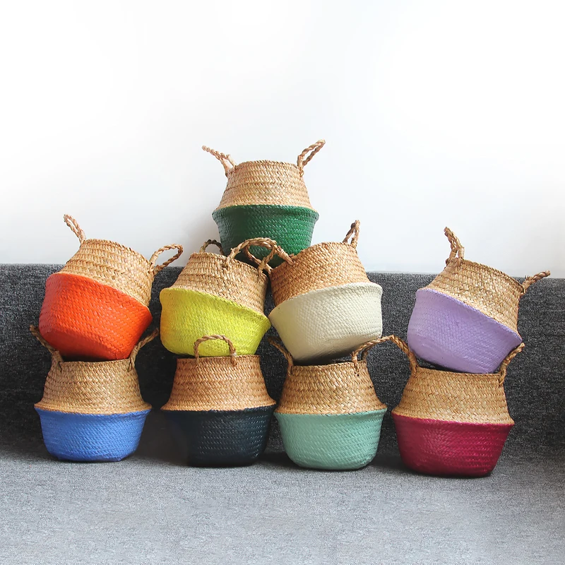 

Seagrass Belly Storage Basket Handmade Straw Organizer Plant Pot Half Black Garden Flower Planter Nursery Pots Handle Bag panier