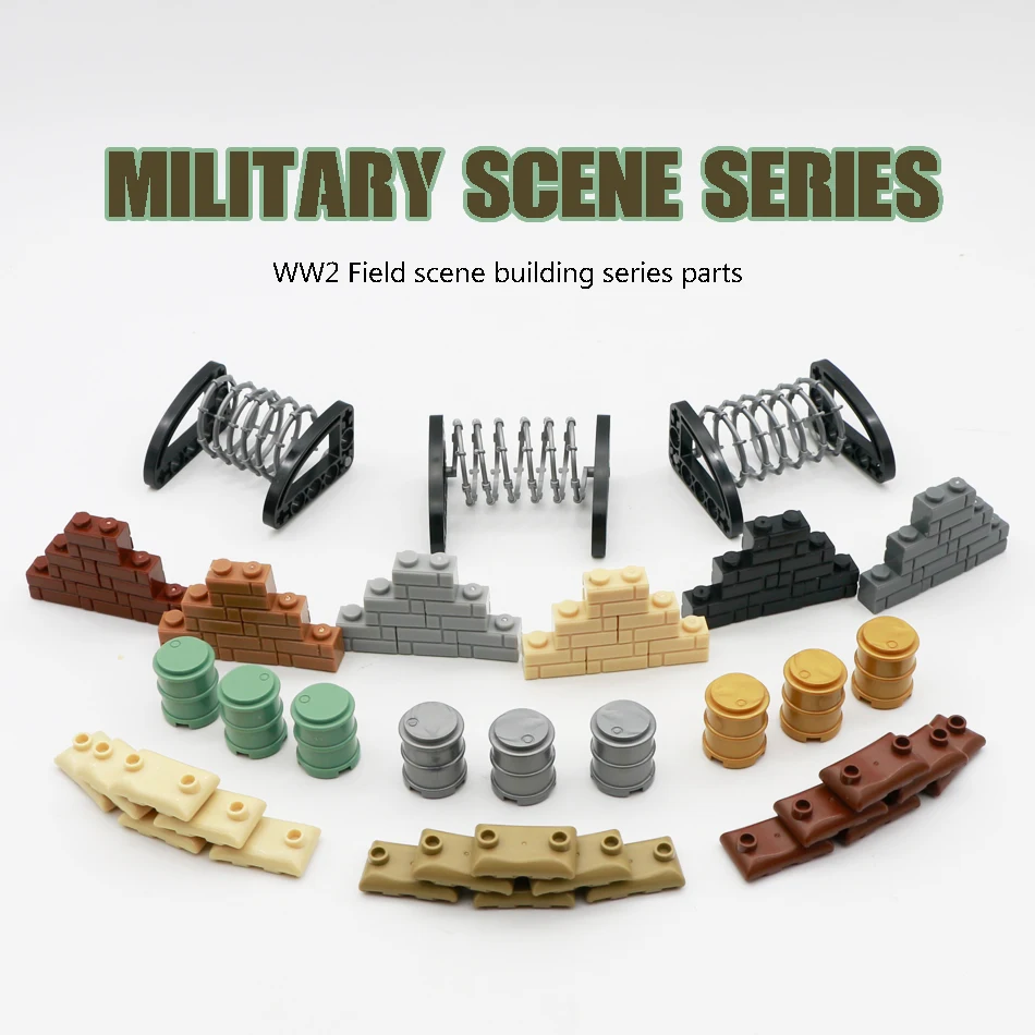 

Military Scene Weapon Pack MOC Bricks Sandbag Oil Drum Wire Barrier Army Soldier WW2 Military Base Building Blocks Toys Children