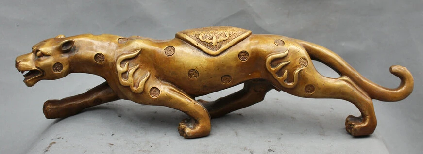 

JP S62 20" Chinese Fengshui Folk Brass leopard panther Running Animal Statue sculpture