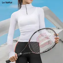 Le NaKai выдалбливают длинный рукав, для йоги рубашки сетки тренировки стоячий воротник Йога Спортивный Топ куртка на молнии спортивные топы с отверстием для большого пальца