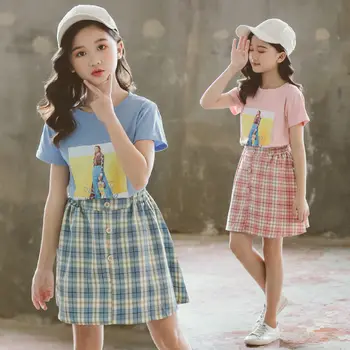 

Summer Girls Clothes Sets Baby Girl Short Sleeve Shirt Top + Skirt Suits Kids Clothing Plaid Children's Clothes Set 2pcs 4-12 T