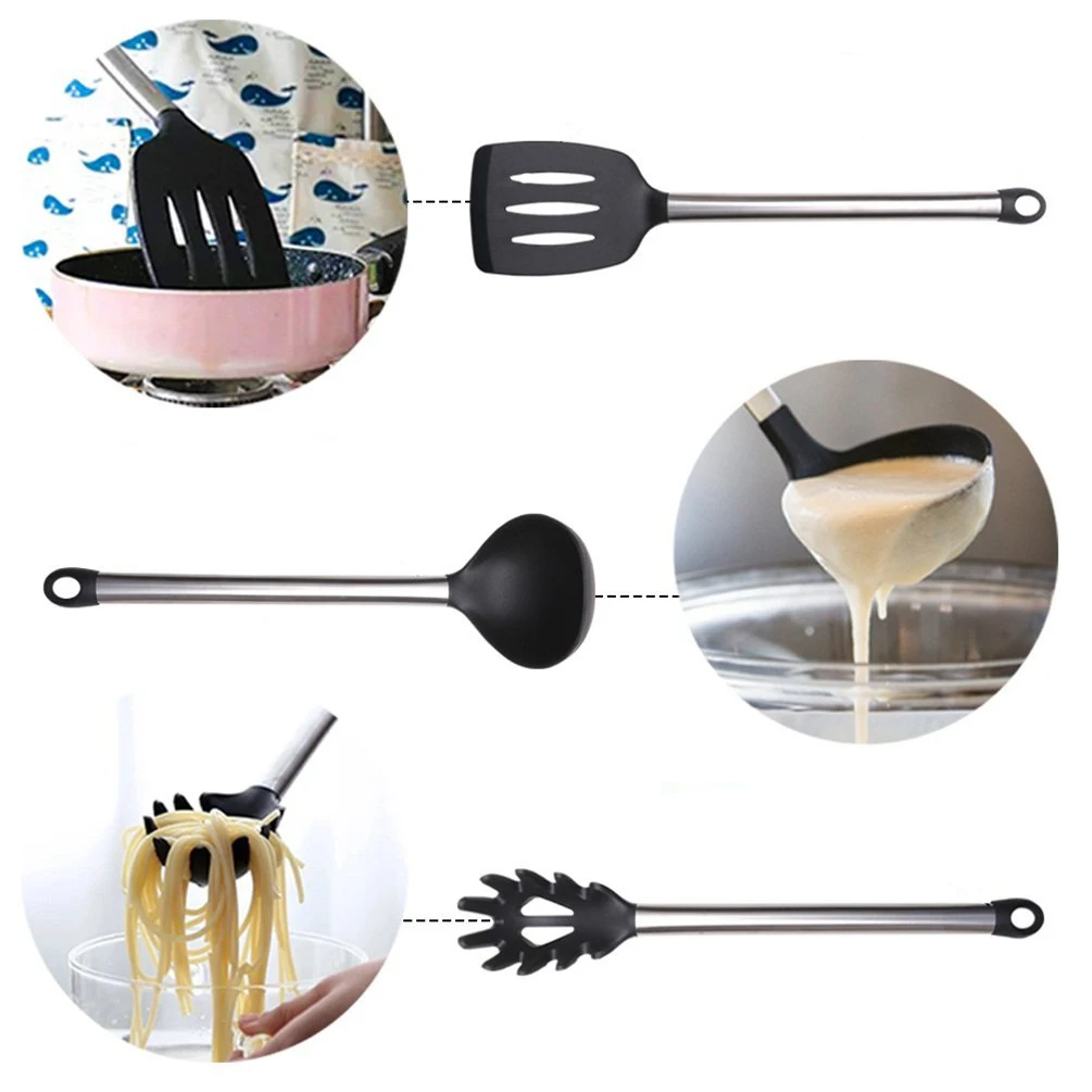 Лучшие 8 шт. набор кухонной посуды из нержавеющей стали и черного силикона современные антипригарные кухонные инструменты