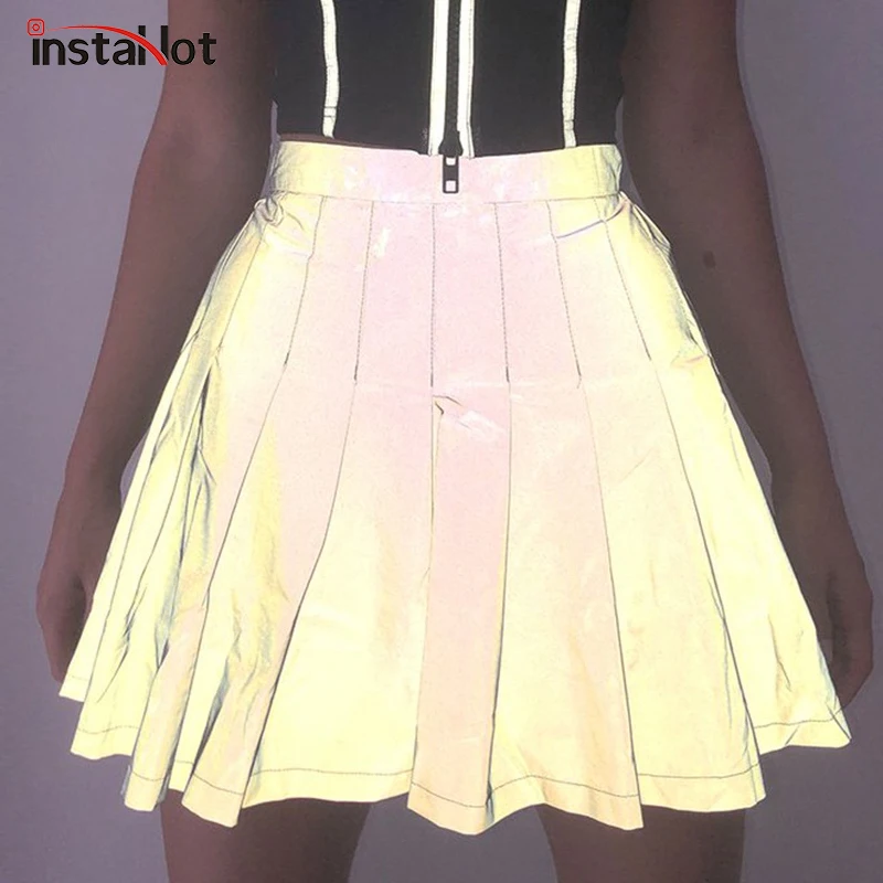 

InstaHot Gray Pleated A Line Skirts Women Preppy Style Reflective Light Sparkle Shiny Mini Skirts Girls Zipper High Waist Lovely