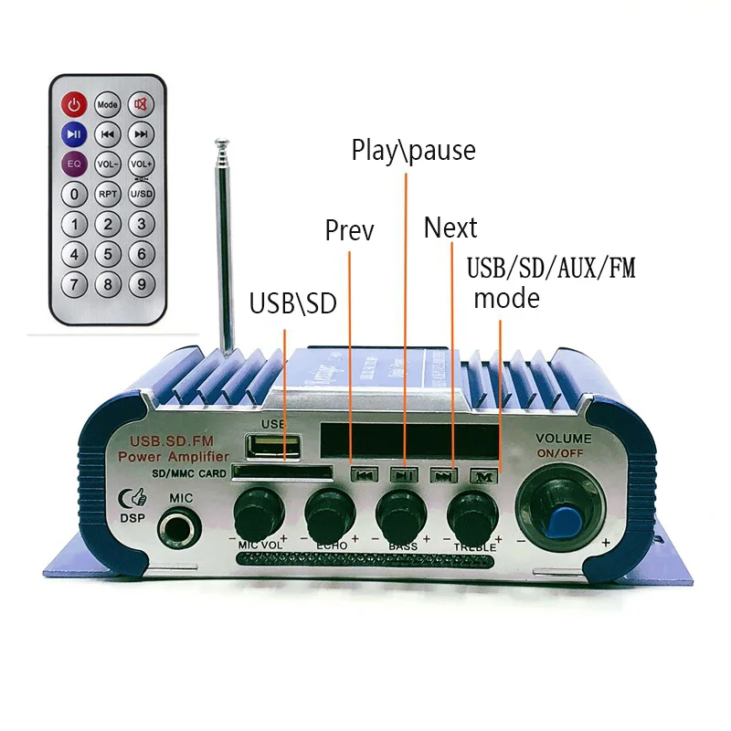 Kentiger HY-604 4,0 канальный стерео усилитель мощности с адаптером 15V5A и av-кабелем USB SD FM профессиональный караоке усилитель для автомобиля