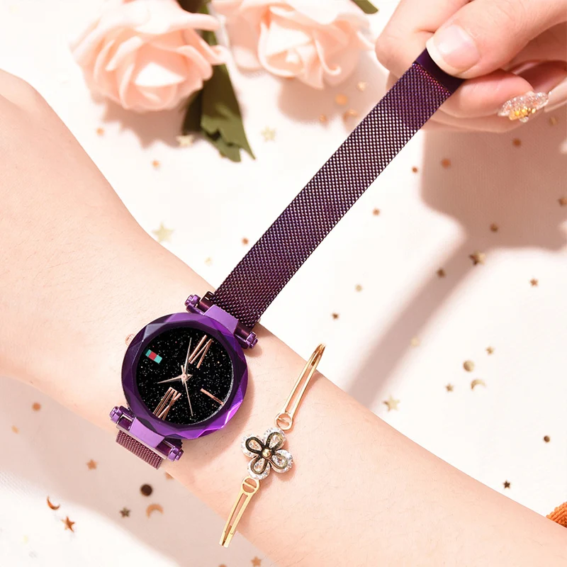 

Women Mesh Magnet Buckle Sky Starry Sky Fashion Luxury Watch Ladies Geometric Roman Surface Numeral Quartz Female Clock
