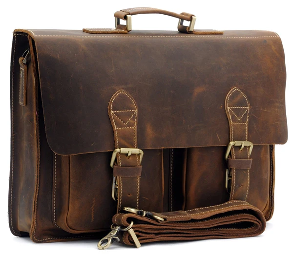 Top Grade Handmade Mens Real Crazy Horse Leather Briefcase Vintage Style Messenger Shoulder 15 inch Laptop