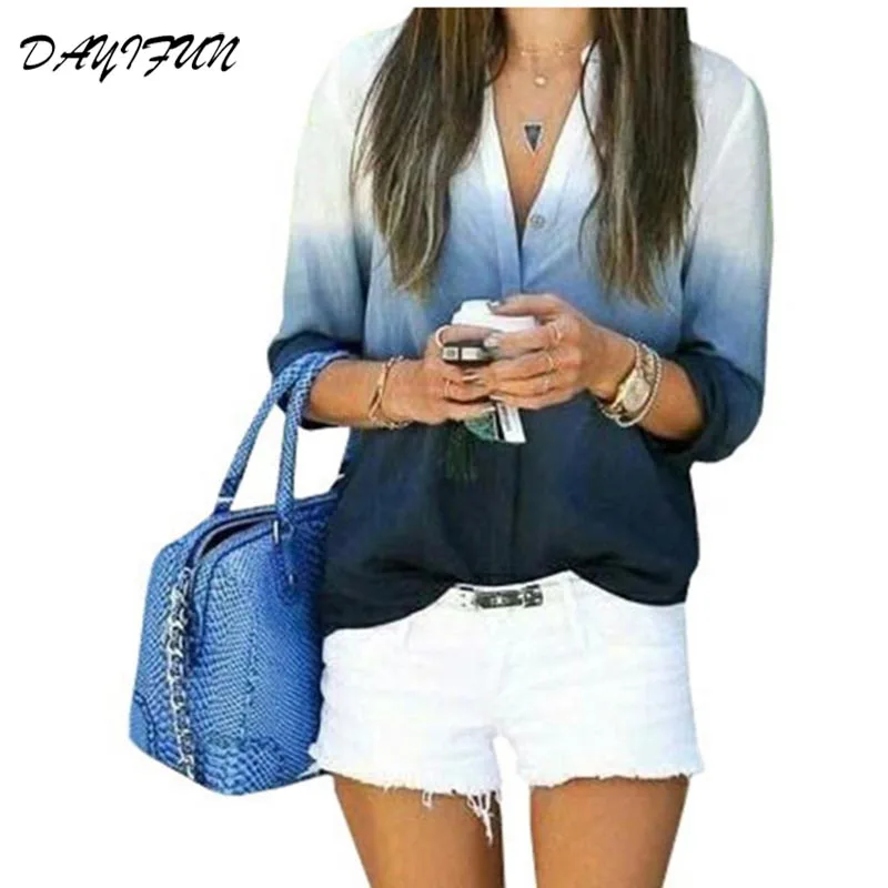 

DAYIFUN 2019 Spring Women Casual Leisure Long Sleeve Sexy V Neck Blouses Ladies Loose Gradient Color Shirts Tops Plus SizeCS0006
