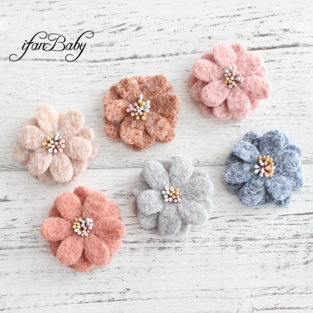 

Fashion warmer wool hair flowers felt flower with stamen soft kids girl hair flowers Flat back