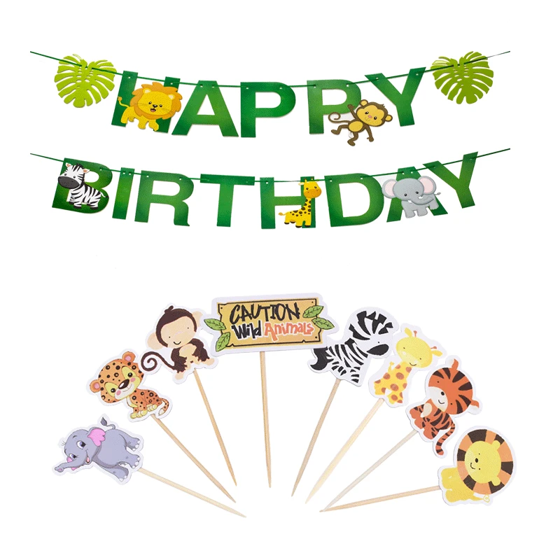 

Jungle Party Animal Banner Dinosaur Flag Lion Monkey Cute Cake Topper Wedding Birthday Decoration Baby Shower Party Supplies