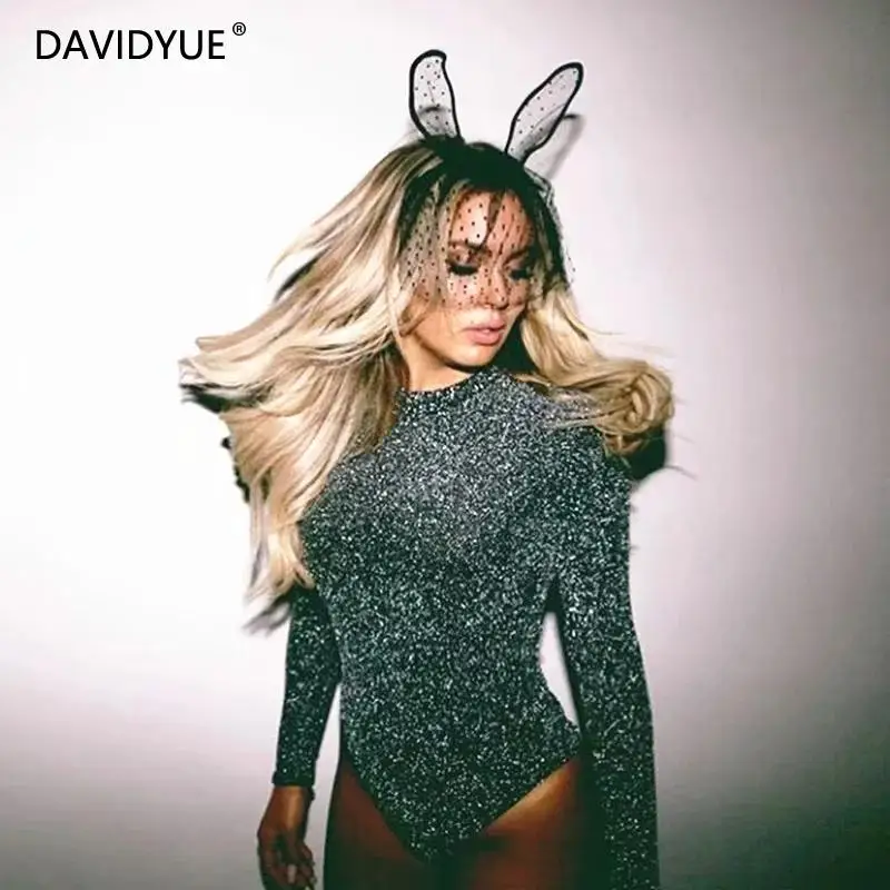 

Sexy Skinny Bandage turtleneck bodysuit woemn Autumn Winter rompers womens jumpsuit Sequin Long Sleeve bodysuit 2019