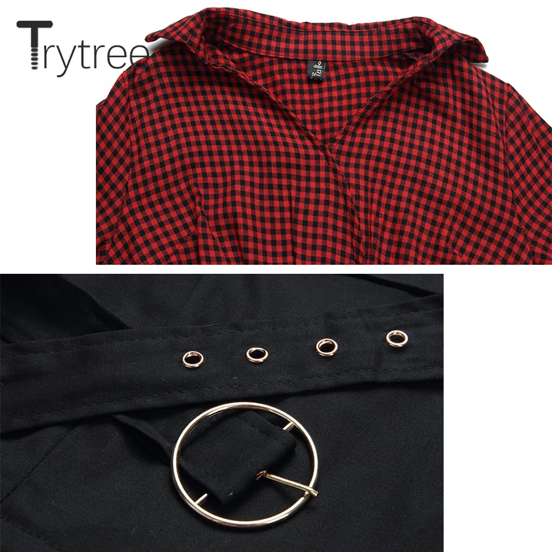 Trytree осенний комплект из двух предметов для женщин повседневный жилет+ платье в клетку с расклешенными рукавами костюм набор для женщин с неровным подолом офисный женский комплект из 2 предметов