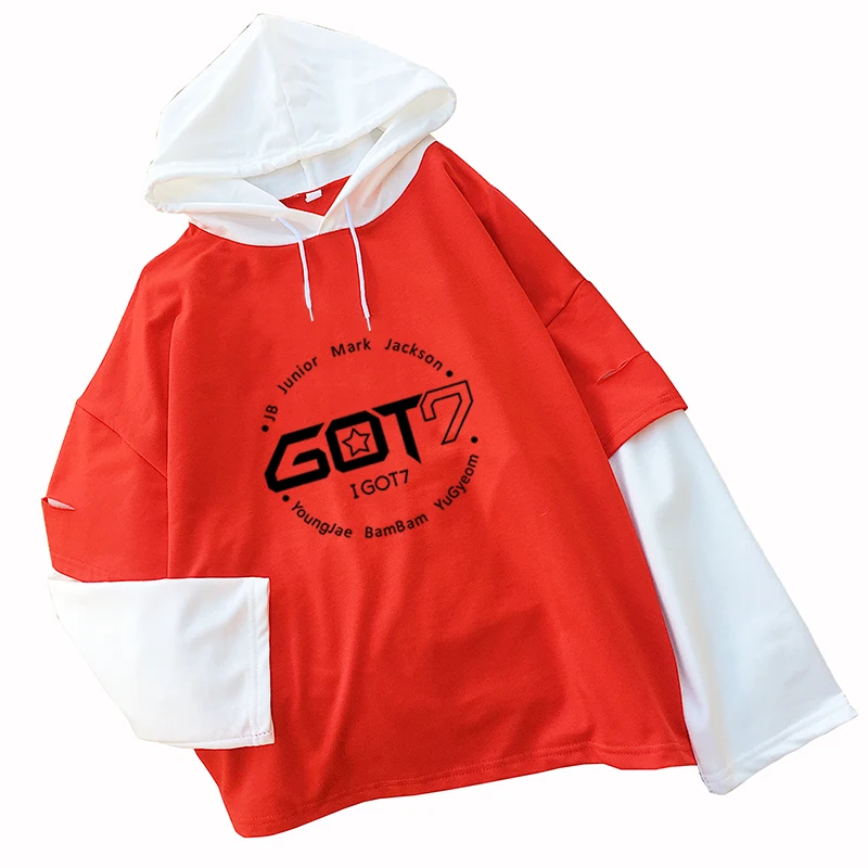 الخريف النساء هوديس الكورية Kpop Got7 إلكتروني المطبوعة المتناثرة بلوزات عارضة الإناث موجة اللون خياطة قمم فضفاض أبلى