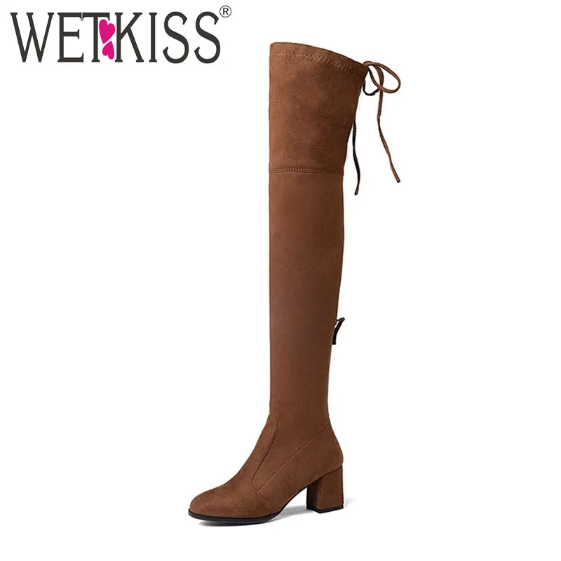 

WETKISS Newest Model Lady Over the Knee Boot Zipper Stretch Fabric Long Boot Thick High Heel Woman Shoes Winter Big Size 43