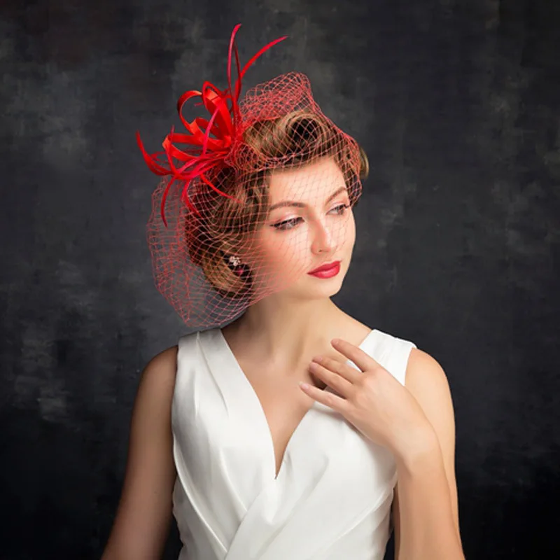 2018 европейский и американский перо чистая марля маска Hat Kearon Мода свадебное платье Кепки красный женский цветок голову одежда