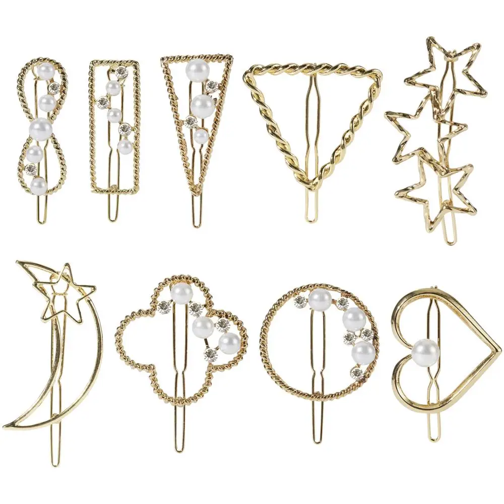 

9 Pack Gold Vintage Retro Geometric Twisted Hollow Metal Pearl Hair Clip Snap Barrette Claw Clamp Bobby Pins Alligator Hairclips