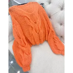 Оранжевый синий цвет свитер мохер свитер модный Фонарь рукава большой профиль витой ажурный трикотаж смесь свитер женский 2019