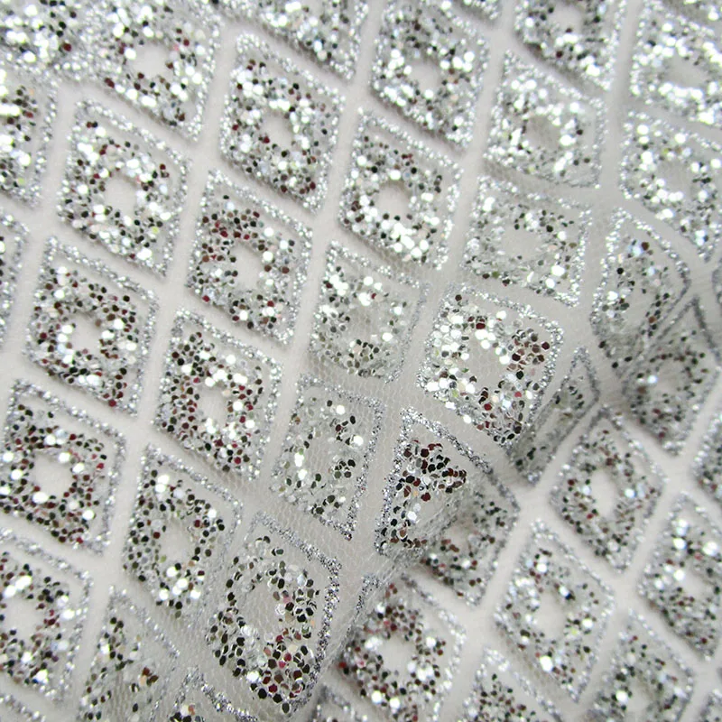 Classic grid glue sequin print lace fabric french glitter evening