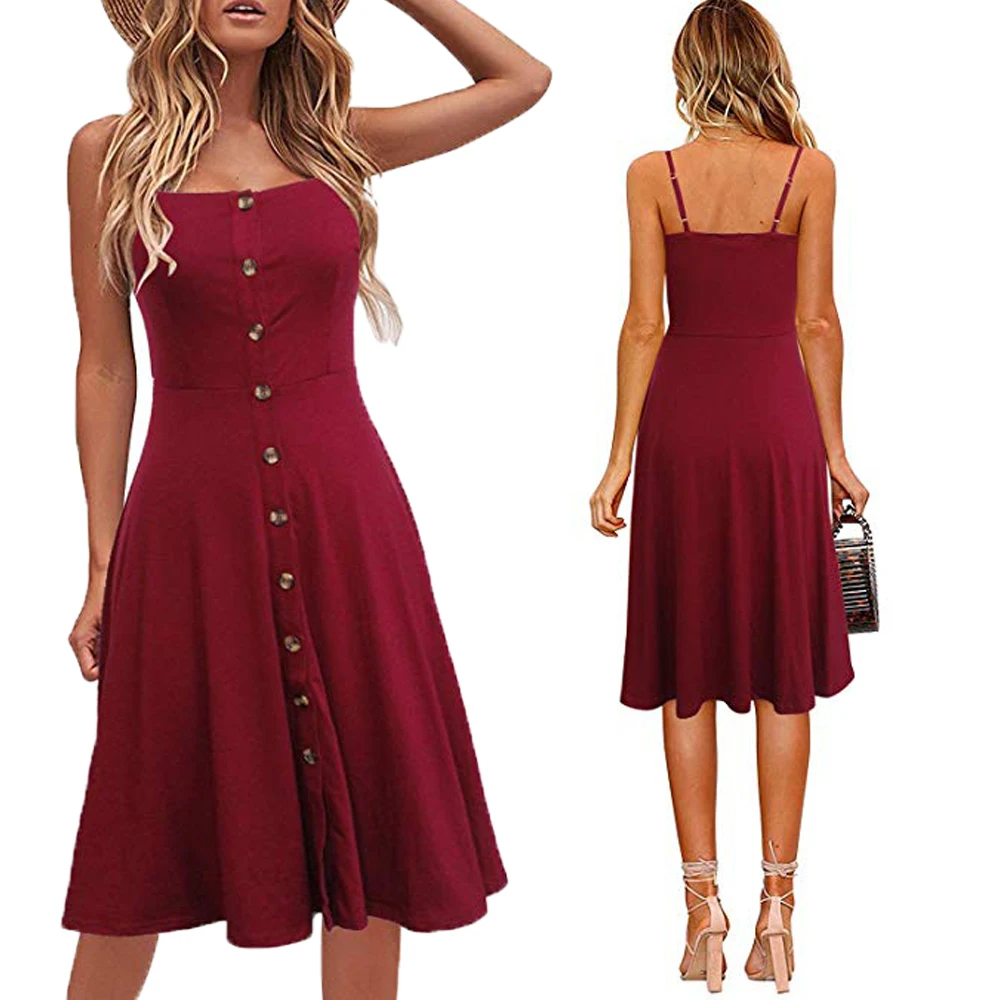 

Women's Boho Dress Button Front Summer dress Elegant Spaghetti Strap Solid Dress for Women