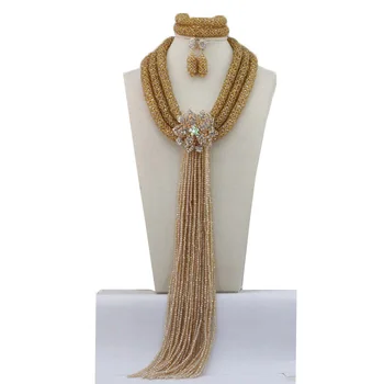 

Luxury African Gold Crystal Costume Women Jewelry Set Fashion Nigerian Beads Strands Necklace for Wedding Bride Party Gift QW220