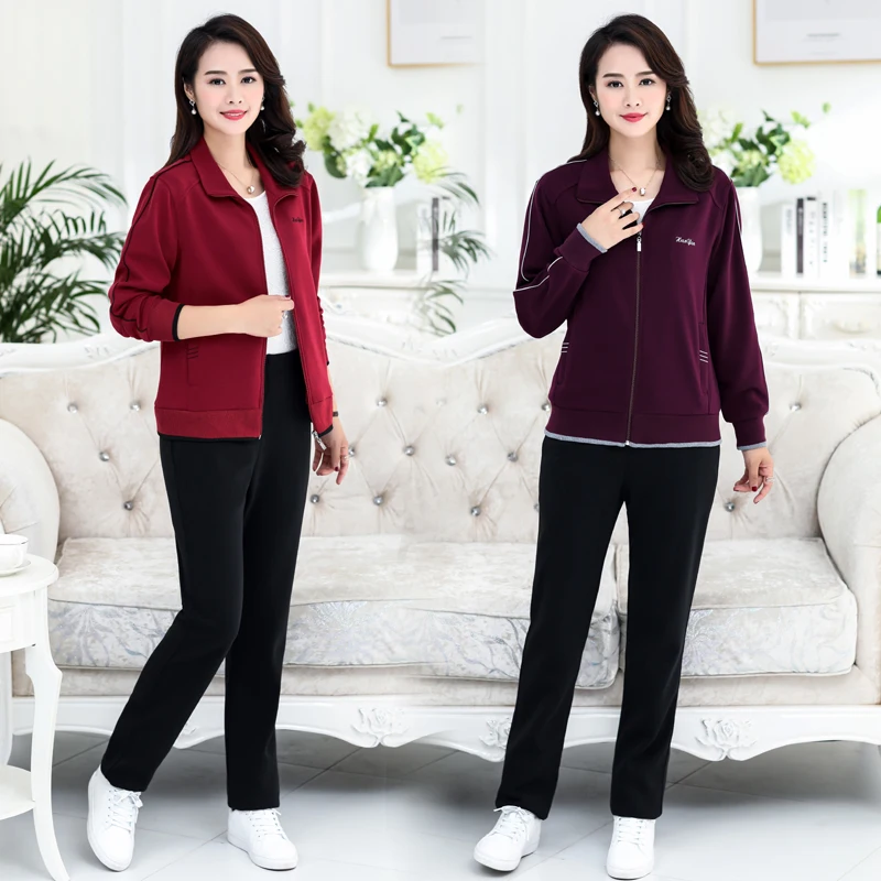 

Middle age clothing Leisure tracksuit for Women Spring autumn New Large size Sporting suit pocket two piece set top and pants