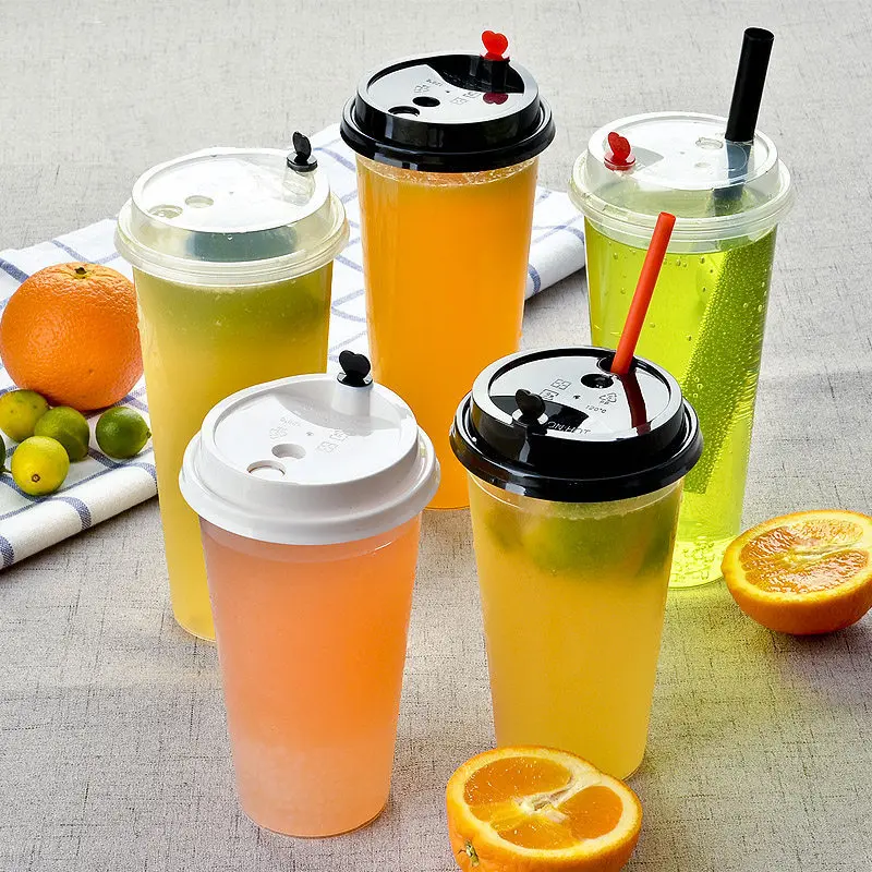 

100x Disposable Plastic Cup with Lids PP Milk Tea Juice Cups Food Grade 500ml 600ml 700ml White Black High Transparent