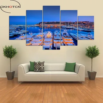 

OKHOTCN Pictures Frame Canvas Wall Art Decor HD Living Room Modular 5 Panel Monaco Yacht Night View Printed Poster Painting