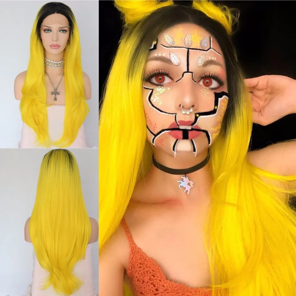 

BeautyTown Black Ombre Yellow Heat Resistant Cosplay Perruque Masquera Party Synthetic Lace Front Wig for Women Wedding Present
