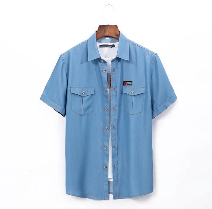 light blue Большие размеры 5xl 6xl джинсовая рубашка мужская с коротким рукавом повседневные свободные хлопковые джинсовые рубашки тонкие летние высокого качества chemise homme Xl5046 - Цвет: light blue