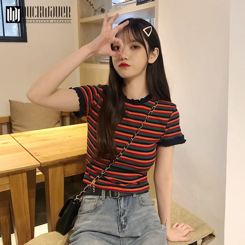Duckwaver футболка женская летняя одежда корейский стиль Ulzzang Harajuku полосатые
