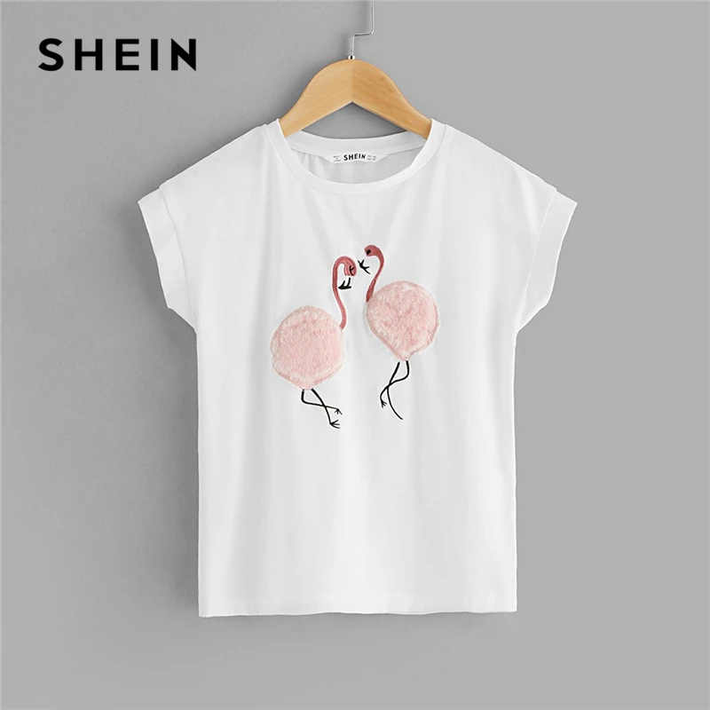 SHEIN/Милая повседневная детская футболка с принтом фламинго и помпонами; топы для девочек; коллекция года; летние футболки без рукавов для девочек